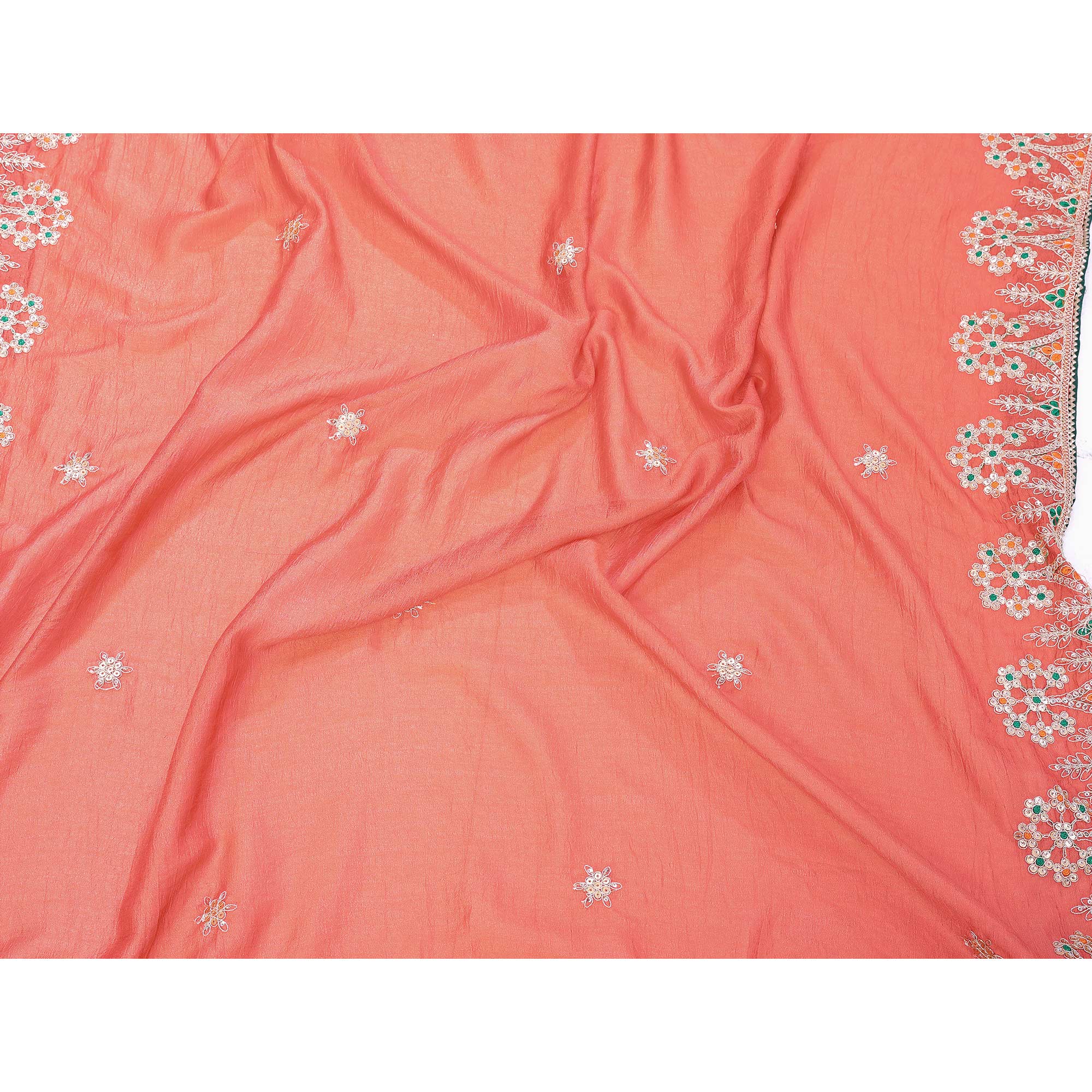 Orange Vichitra Silk Saree Embellished With Floral Cording Embroidery & Sparkling Sequins