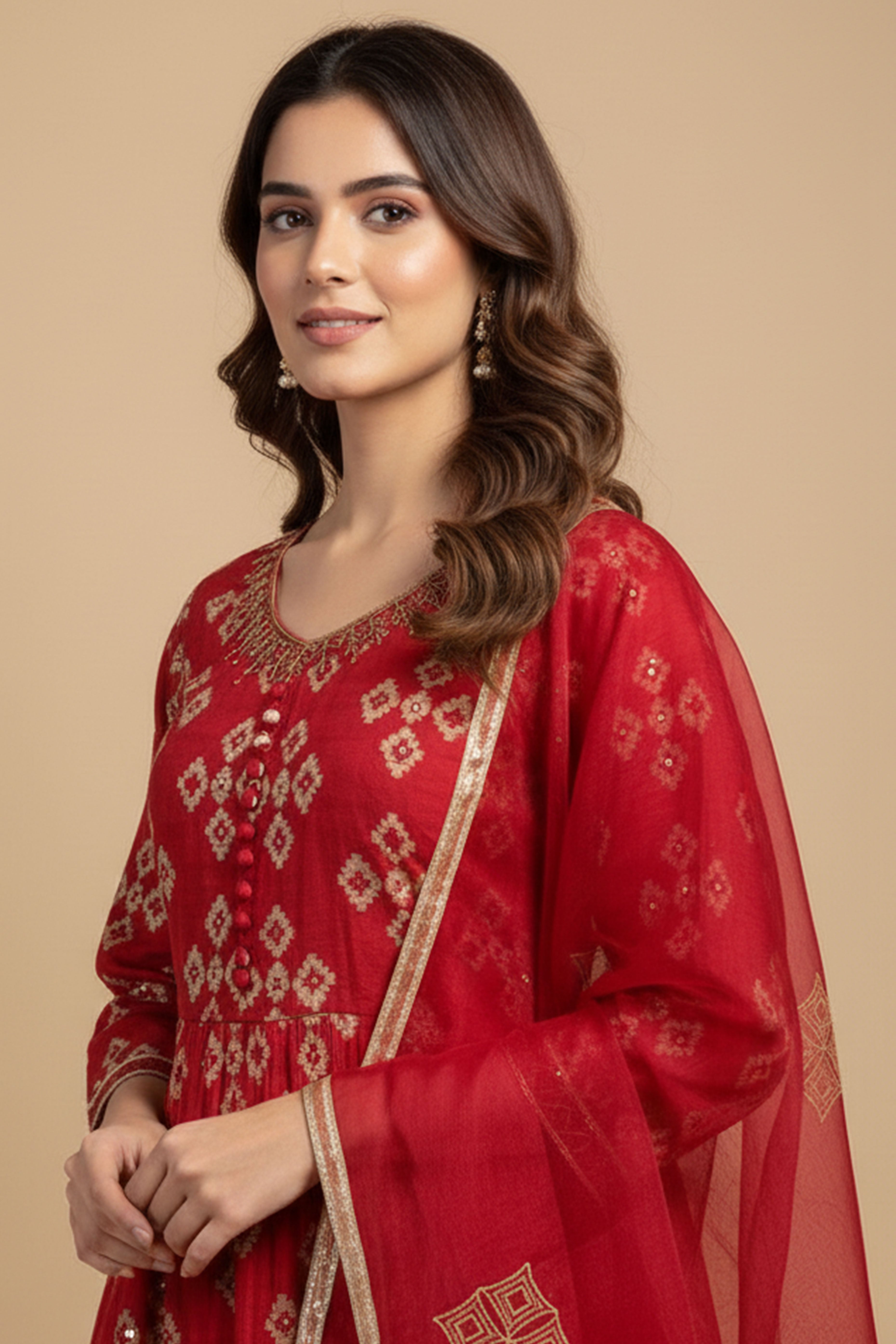 Red Printed Chanderi Silk Sharara Suit