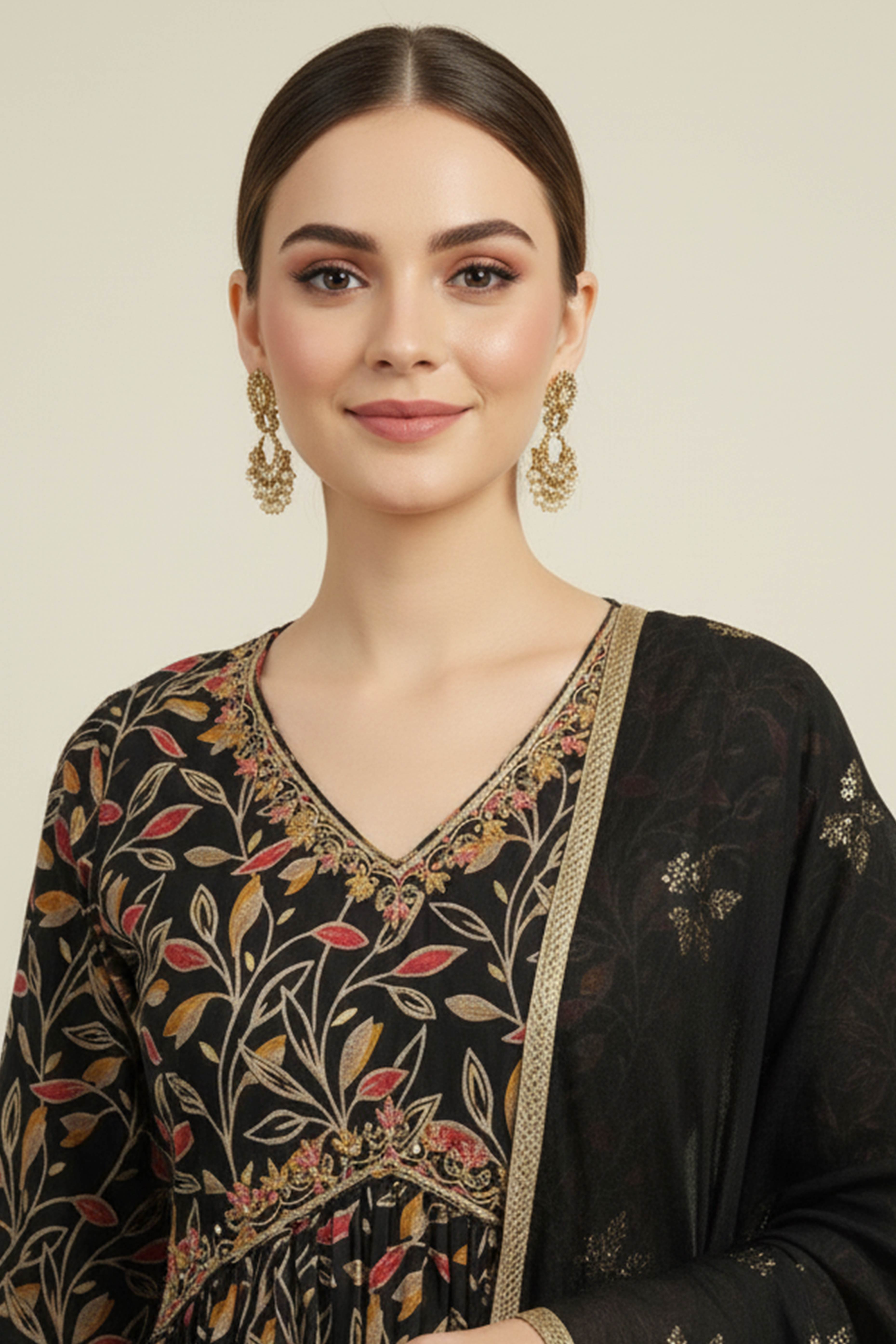 Black Floral Printed Muslin Alia Cut Salwar Suit