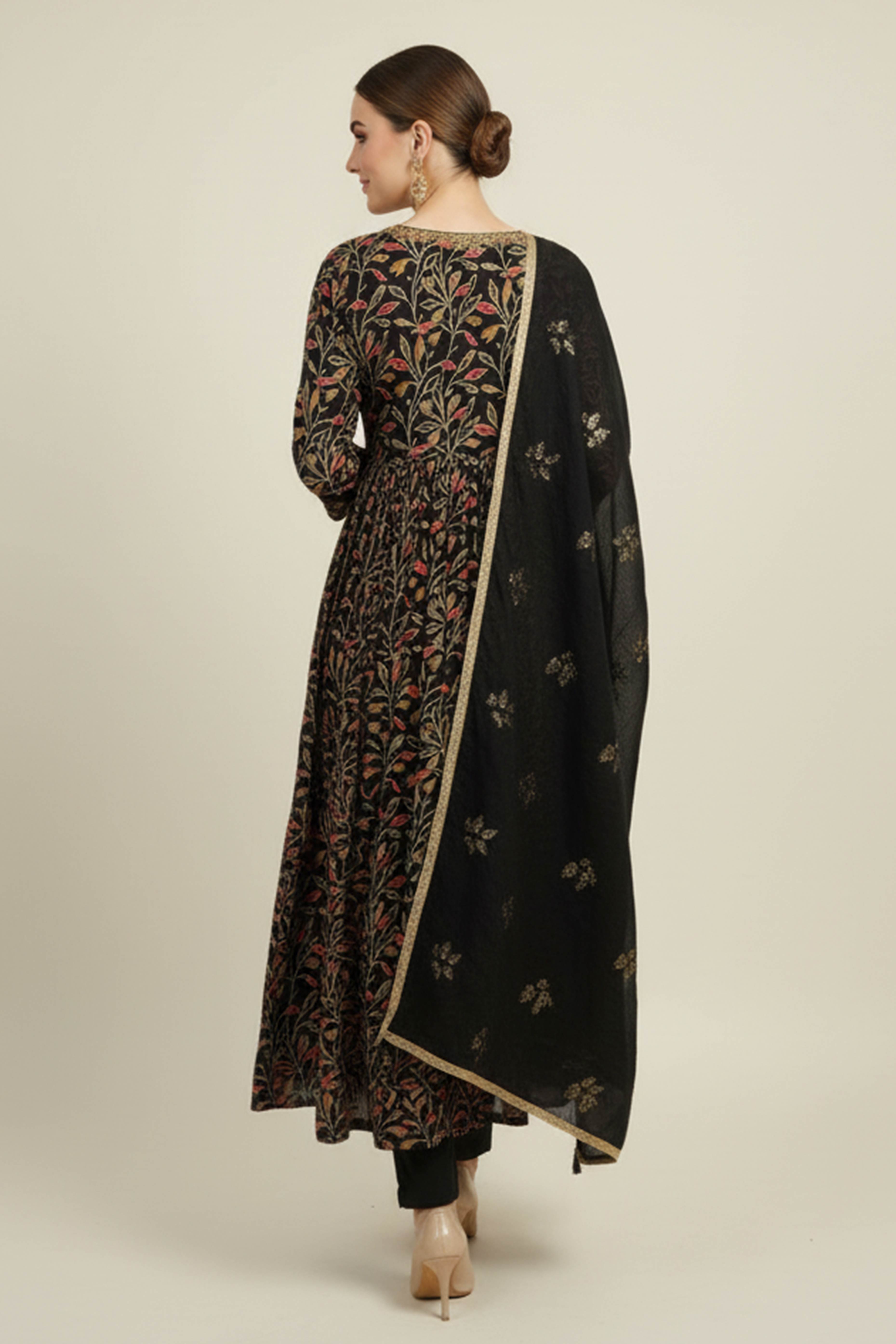 Black Floral Printed Muslin Alia Cut Salwar Suit