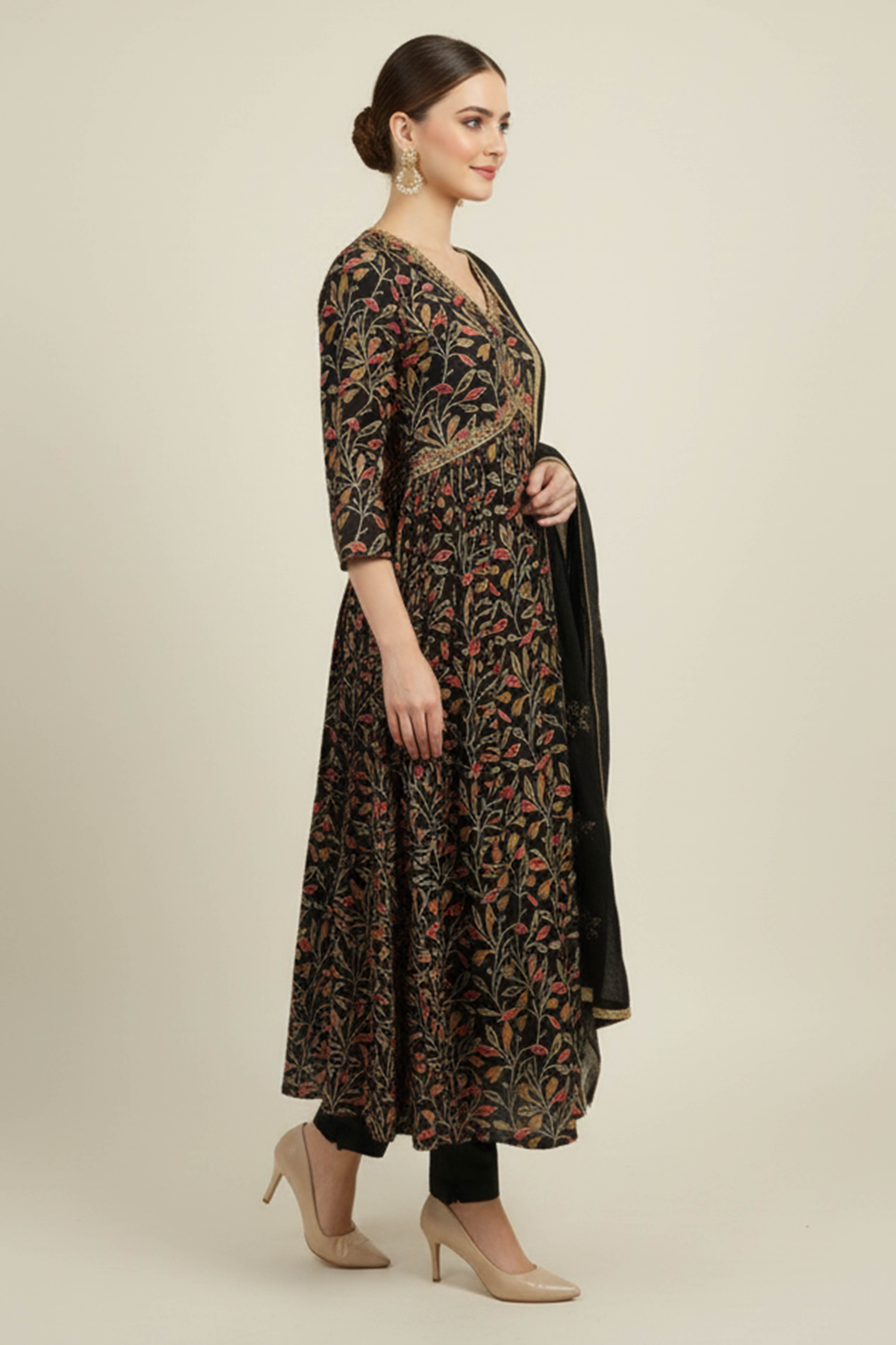 Black Floral Printed Muslin Alia Cut Salwar Suit
