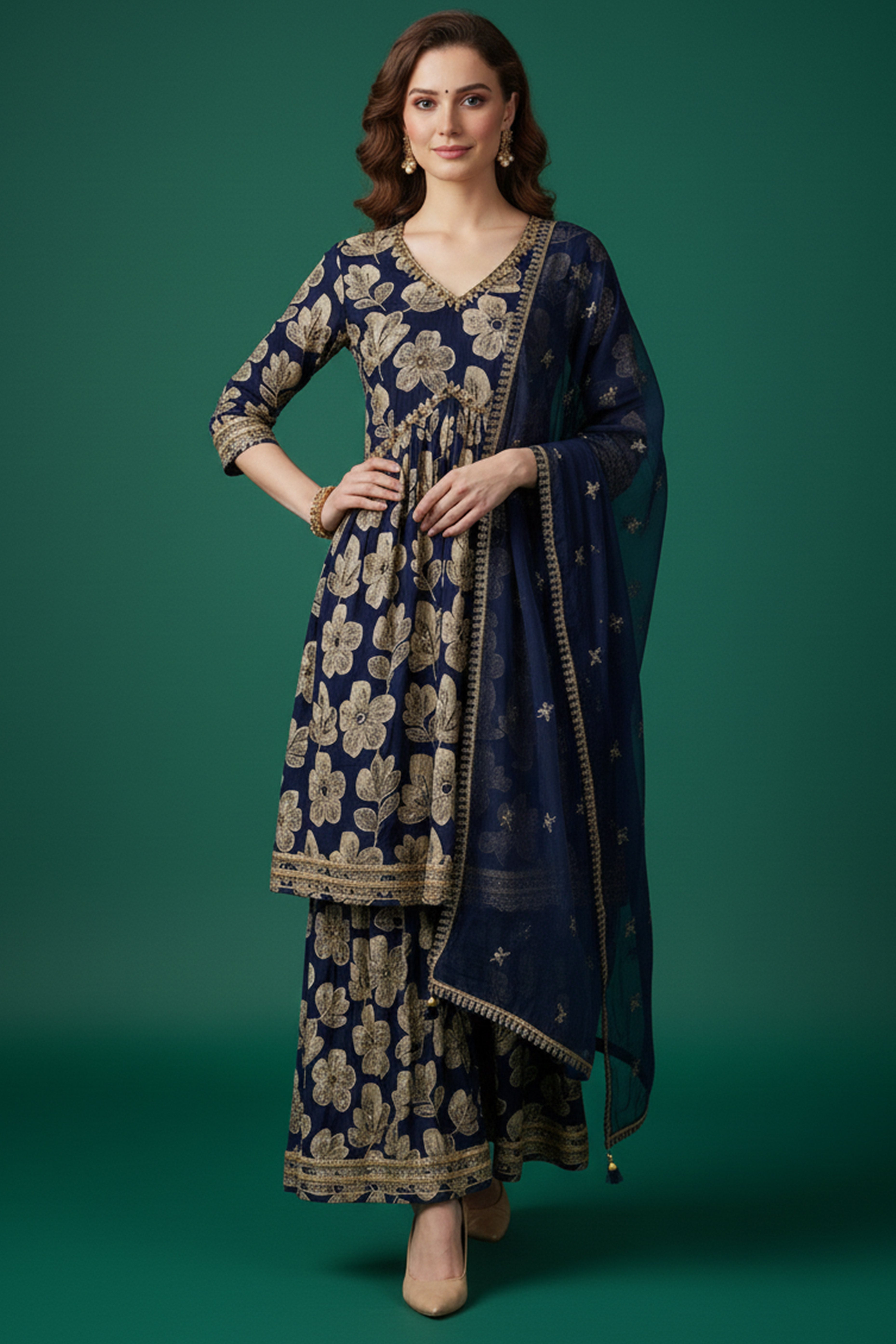 Blue Floral Printed Chinon Alia Cut Salwar Suit