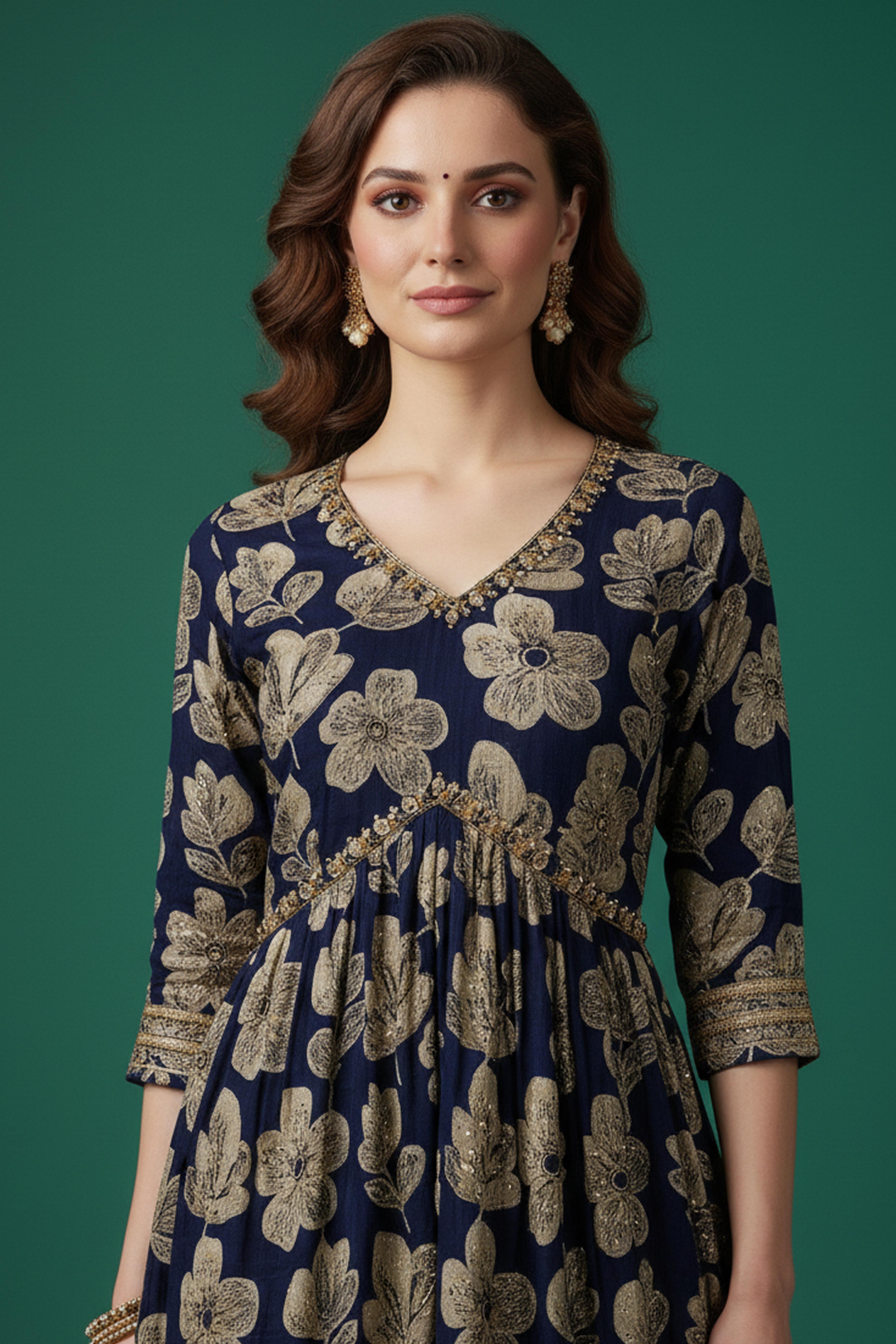 Blue Floral Printed Chinon Alia Cut Salwar Suit