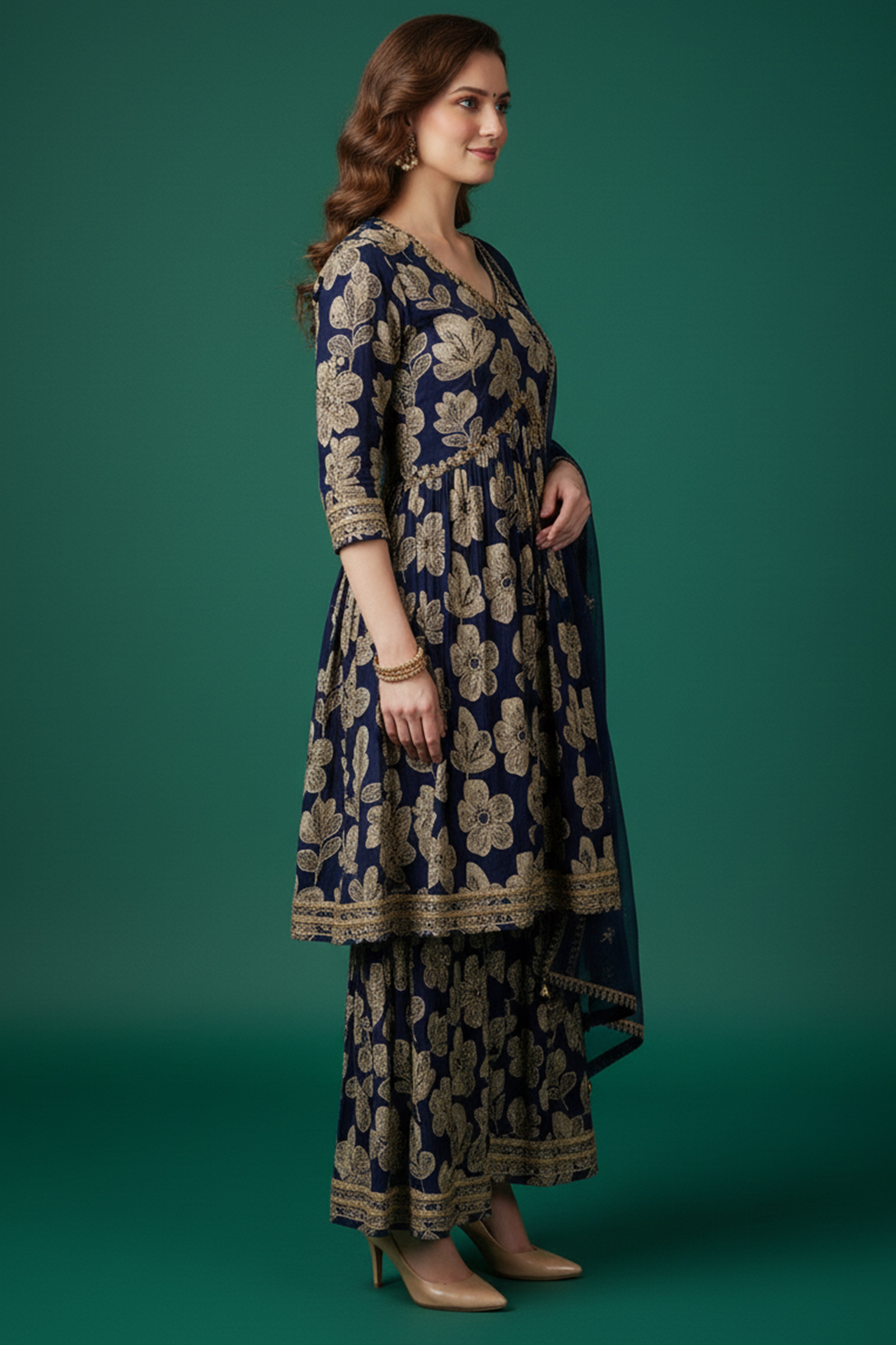 Blue Floral Printed Chinon Alia Cut Salwar Suit