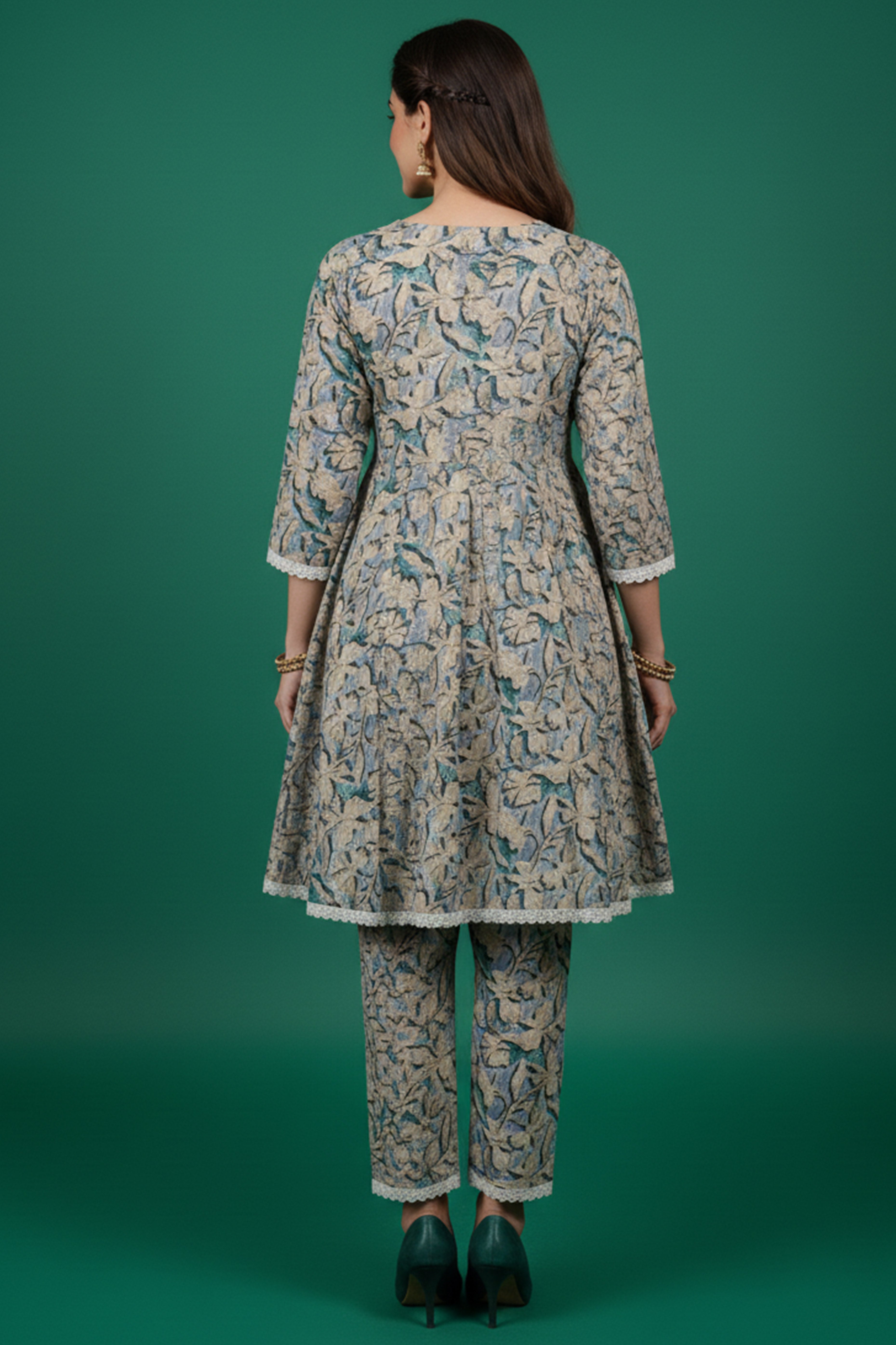 Blue Foil Printed Cambric Cotton Top Bottom Set