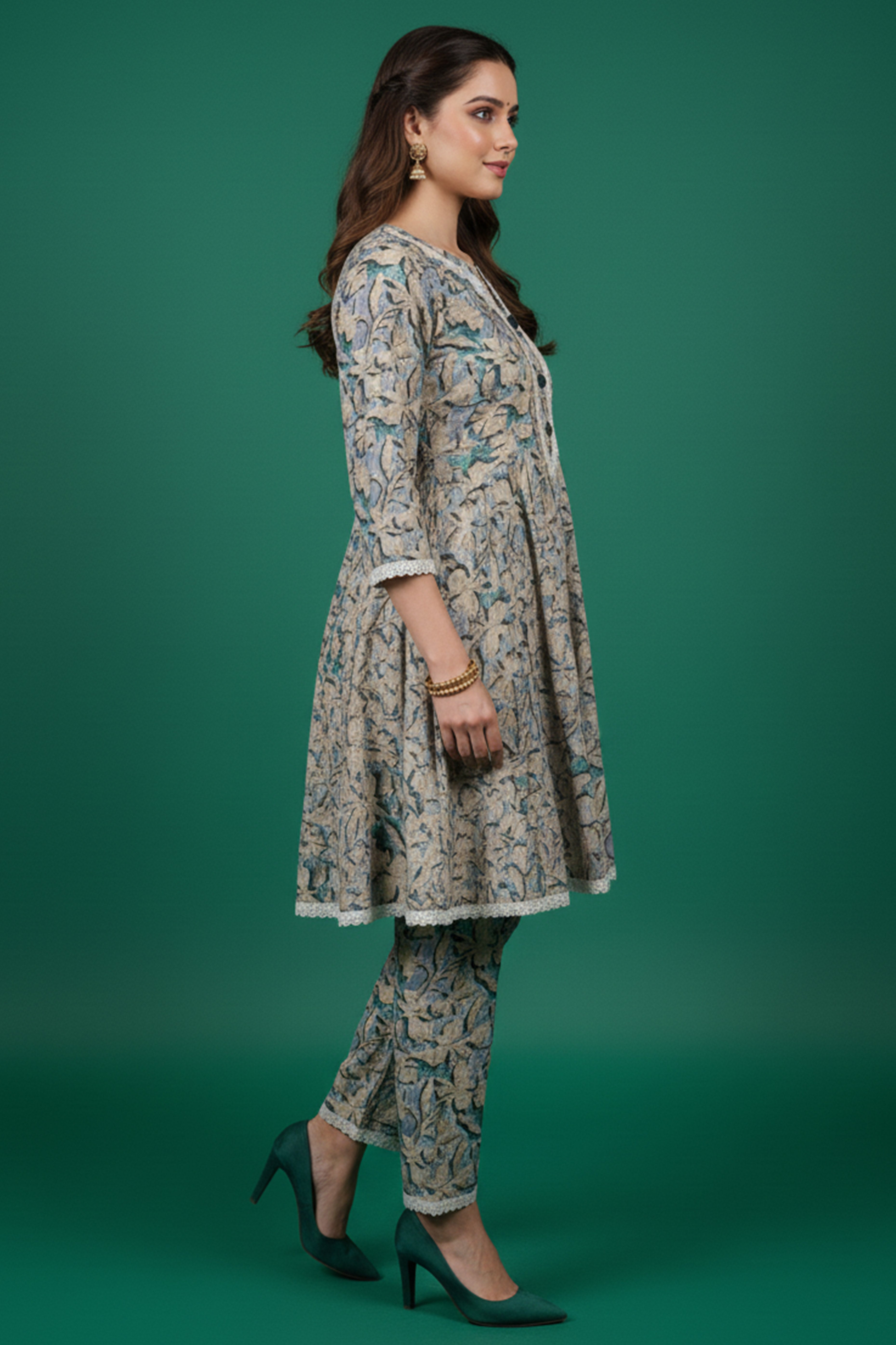 Blue Foil Printed Cambric Cotton Top Bottom Set