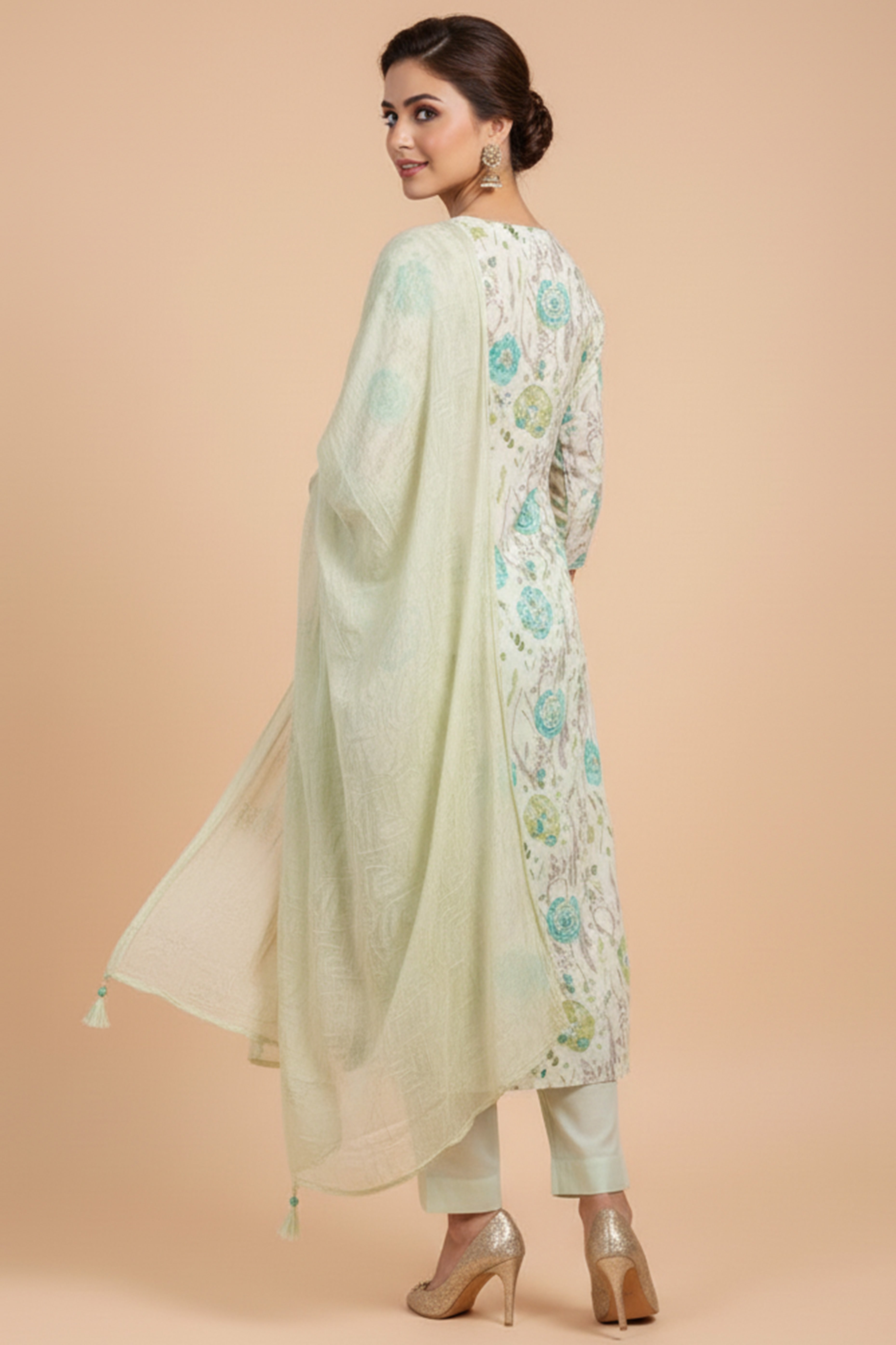 Light Green Floral Printed Mulmul Cotton Straight Salwar Suit
