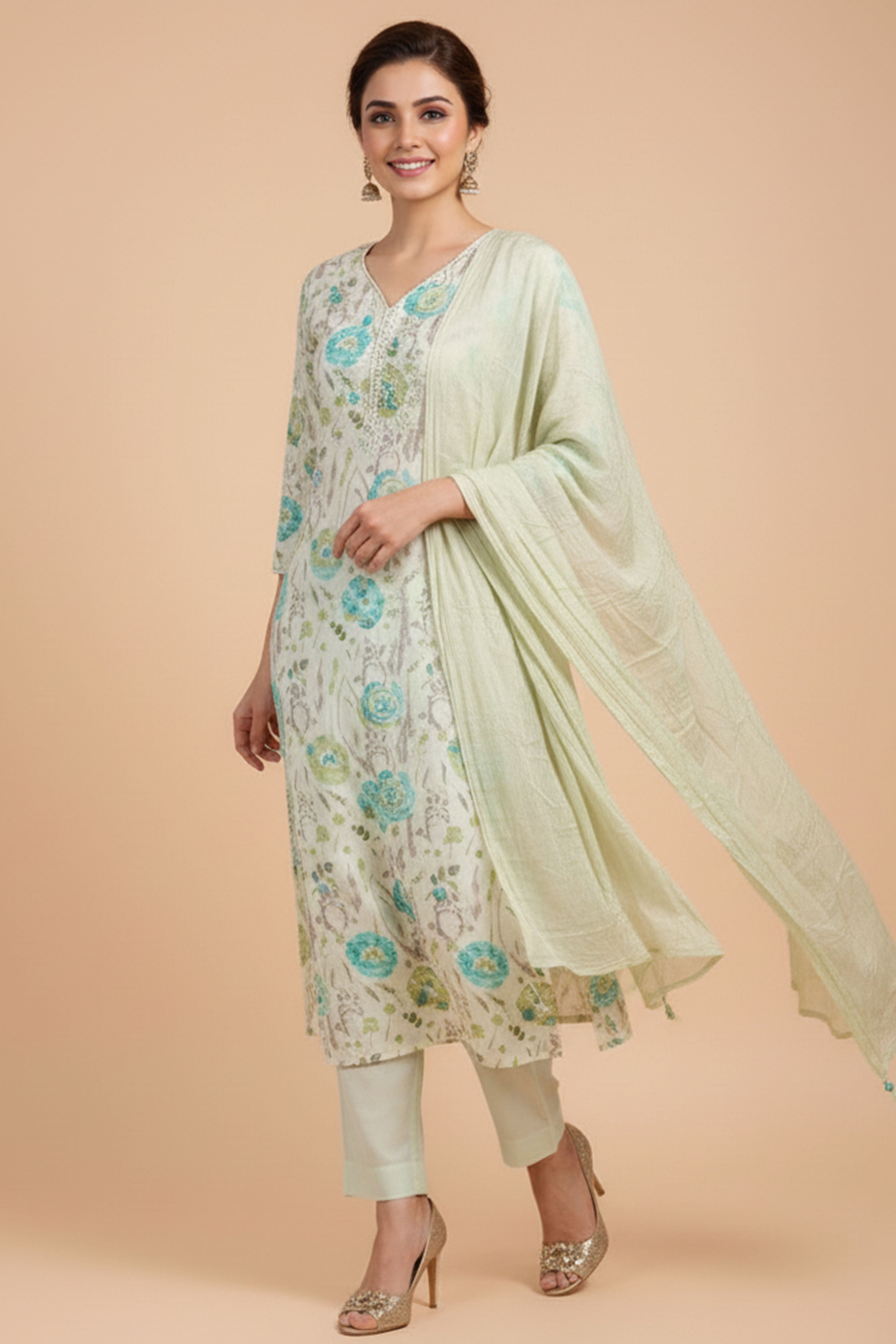 Light Green Floral Printed Mulmul Cotton Straight Salwar Suit