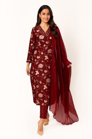 Maroon Floral Printed Rayon Straight Salwar Suit