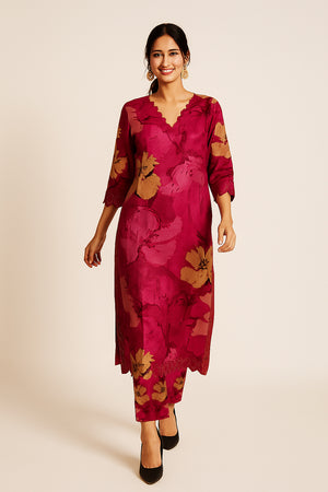 Plum Pink Floral Printed Muslin Straight Co-Ord Set