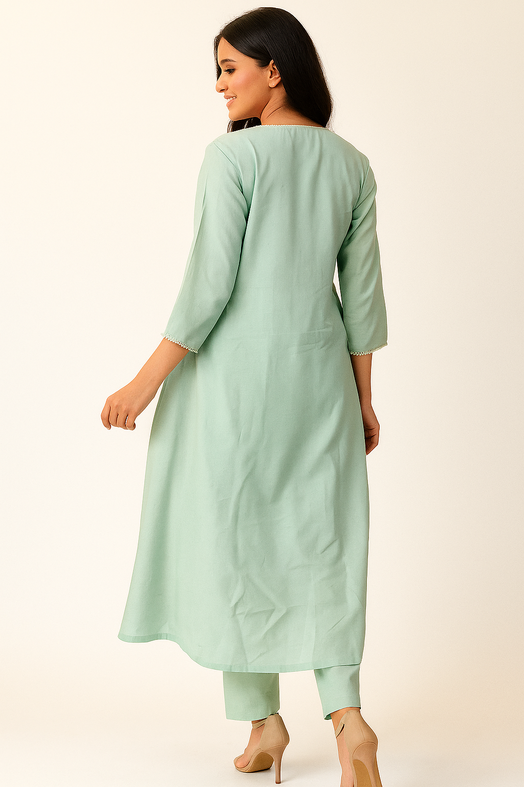 Sea Green Floral Embroidered Pure Cotton Top Bottom Set