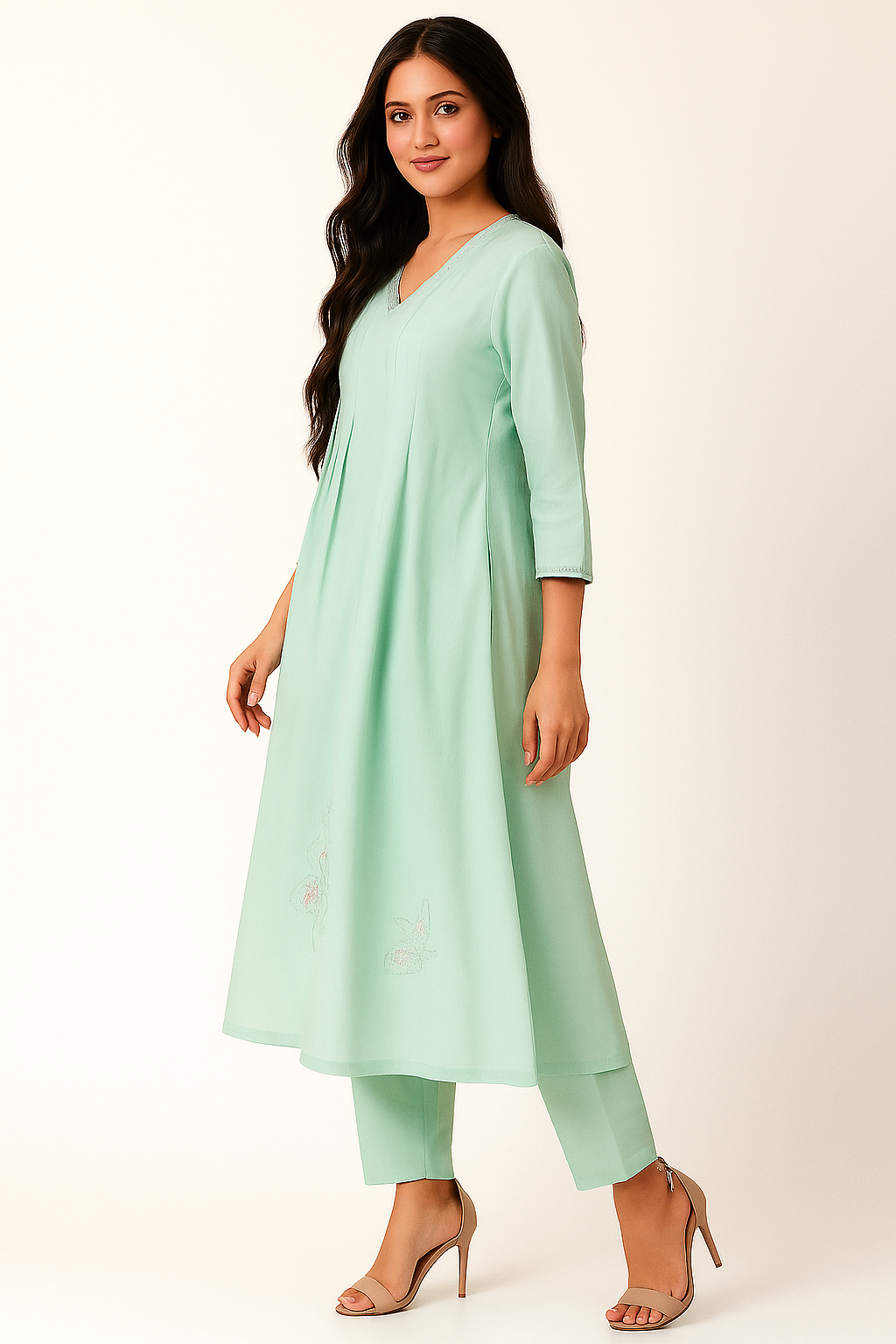 Sea Green Floral Embroidered Pure Cotton Top Bottom Set