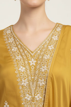 Mustard Floral Embroidered Pure Silk Straight Salwar Suit
