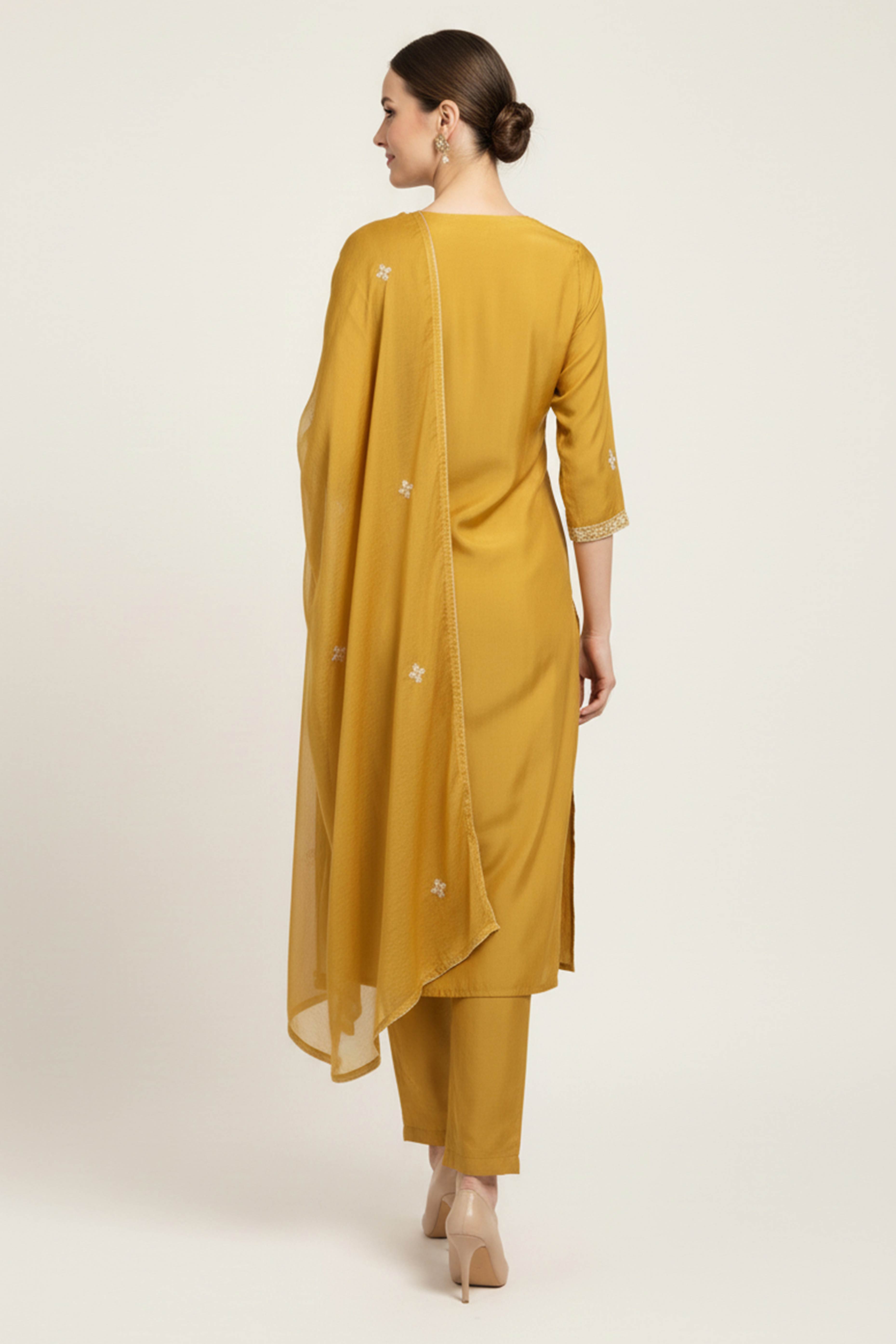 Mustard Floral Embroidered Pure Silk Straight Salwar Suit