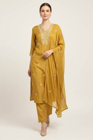 Mustard Floral Embroidered Pure Silk Straight Salwar Suit