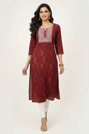 Red Foil Printed Rayon Straight Kurti
