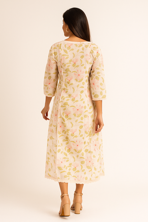 Off White Floral Printed With Handwork Pure Cotton A-Line Dress