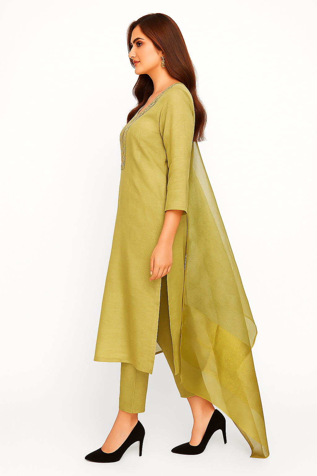 Light Green Floral Embroidered Shimmer Straight Salwar Suit