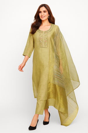 Light Green Floral Embroidered Shimmer Straight Salwar Suit
