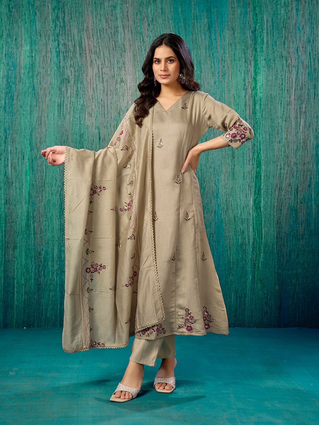 Chikoo Floral Embroidered Pure Cotton A-Line Salwar Suit
