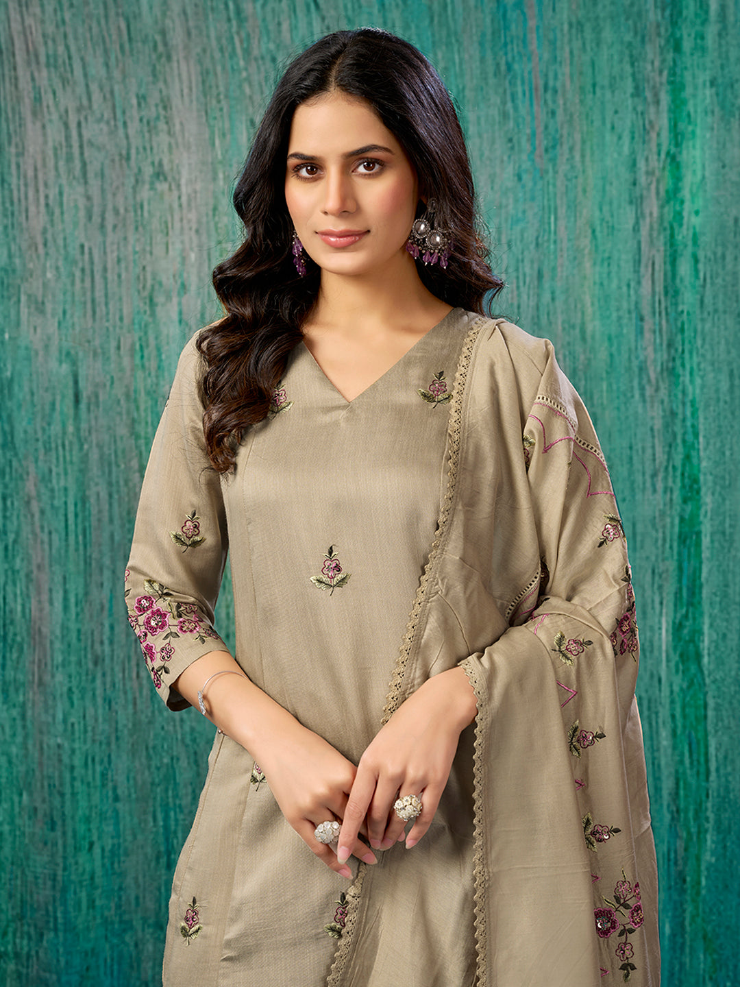 Chikoo Floral Embroidered Pure Cotton A-Line Salwar Suit