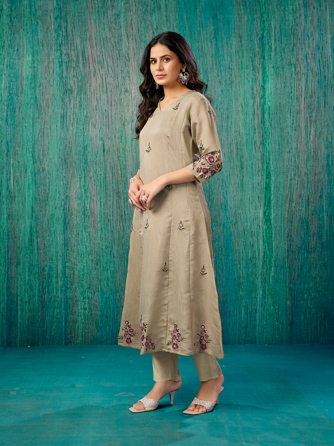 Chikoo Floral Embroidered Pure Cotton A-Line Salwar Suit