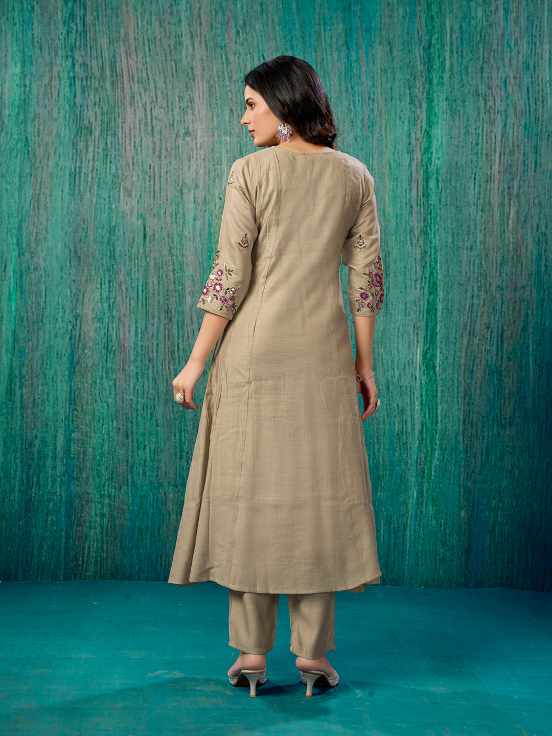 Chikoo Floral Embroidered Pure Cotton A-Line Salwar Suit