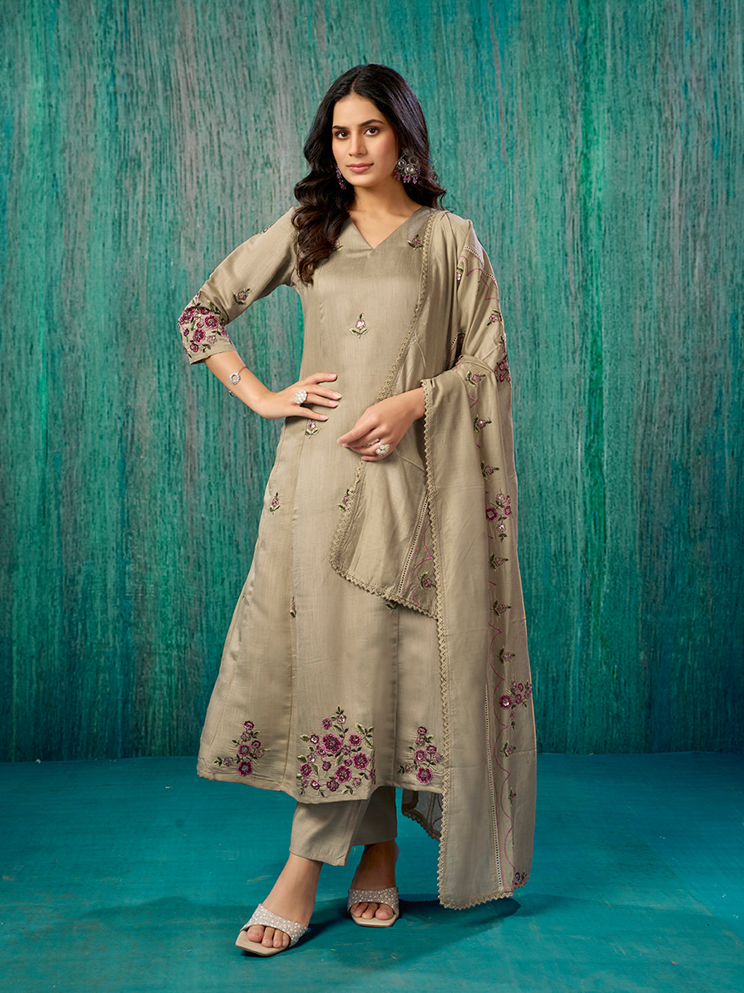 Chikoo Floral Embroidered Pure Cotton A-Line Salwar Suit