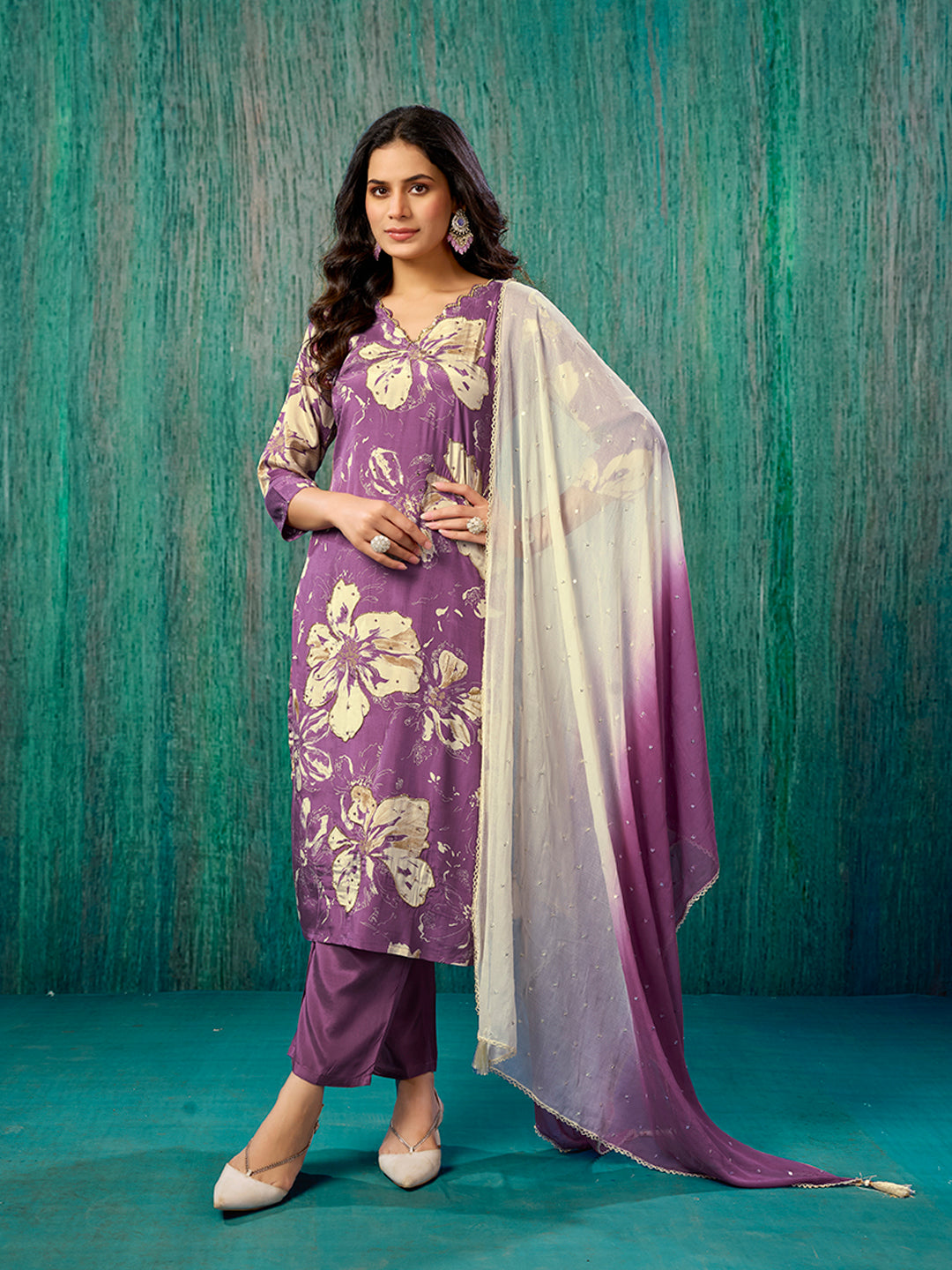 Purple Beads Work Printed Muslin Straight Salwar Suit