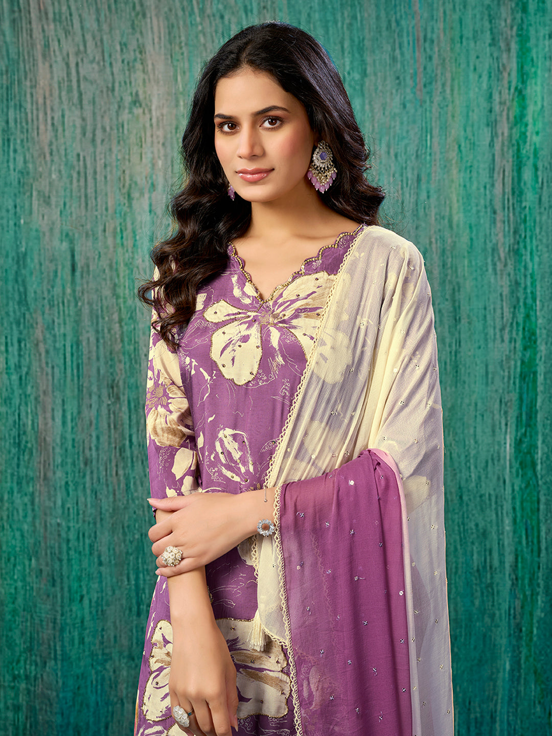 Purple Beads Work Printed Muslin Straight Salwar Suit