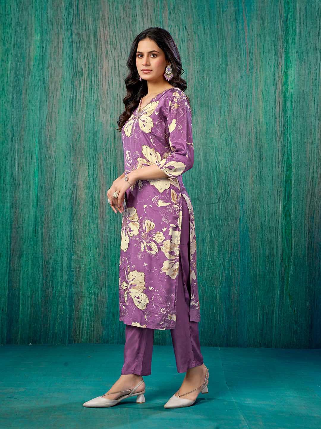 Purple Beads Work Printed Muslin Straight Salwar Suit