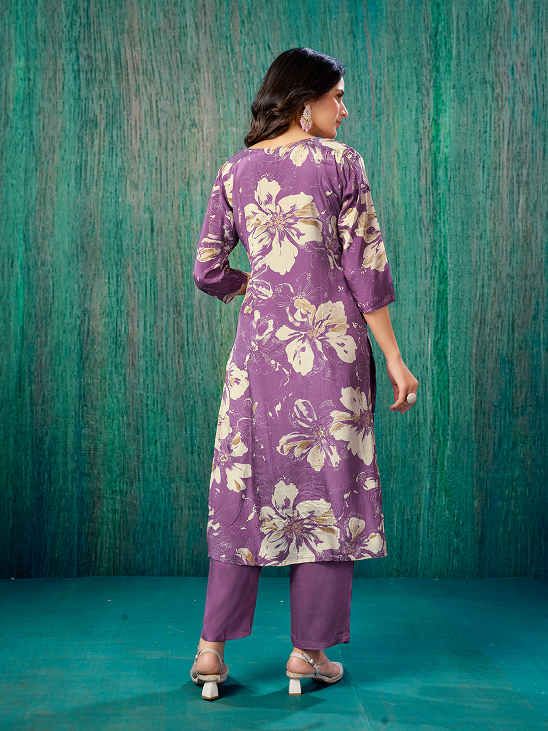 Purple Beads Work Printed Muslin Straight Salwar Suit