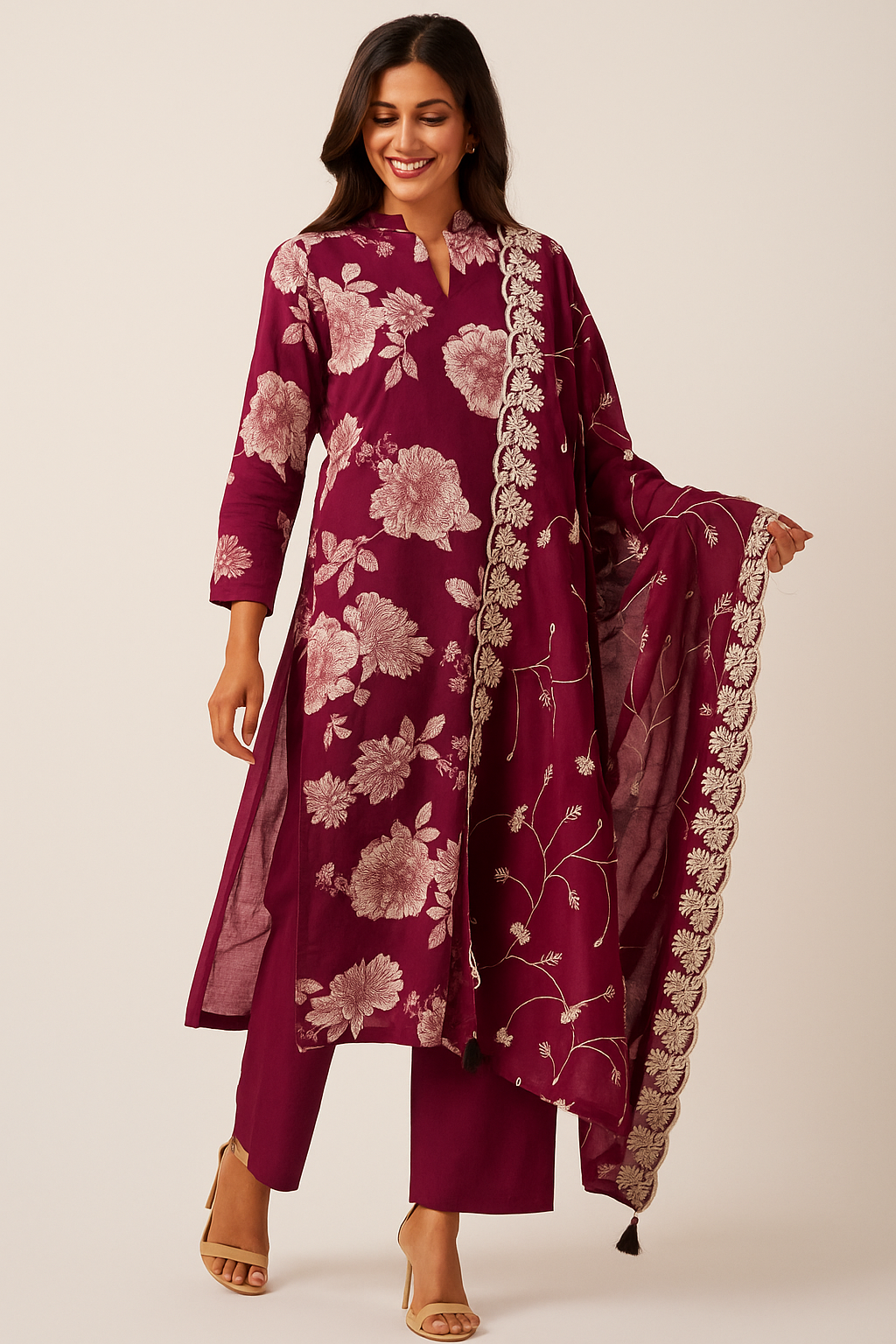 Elegant Purple Pure Cotton Salwar Suit with Floral Prints