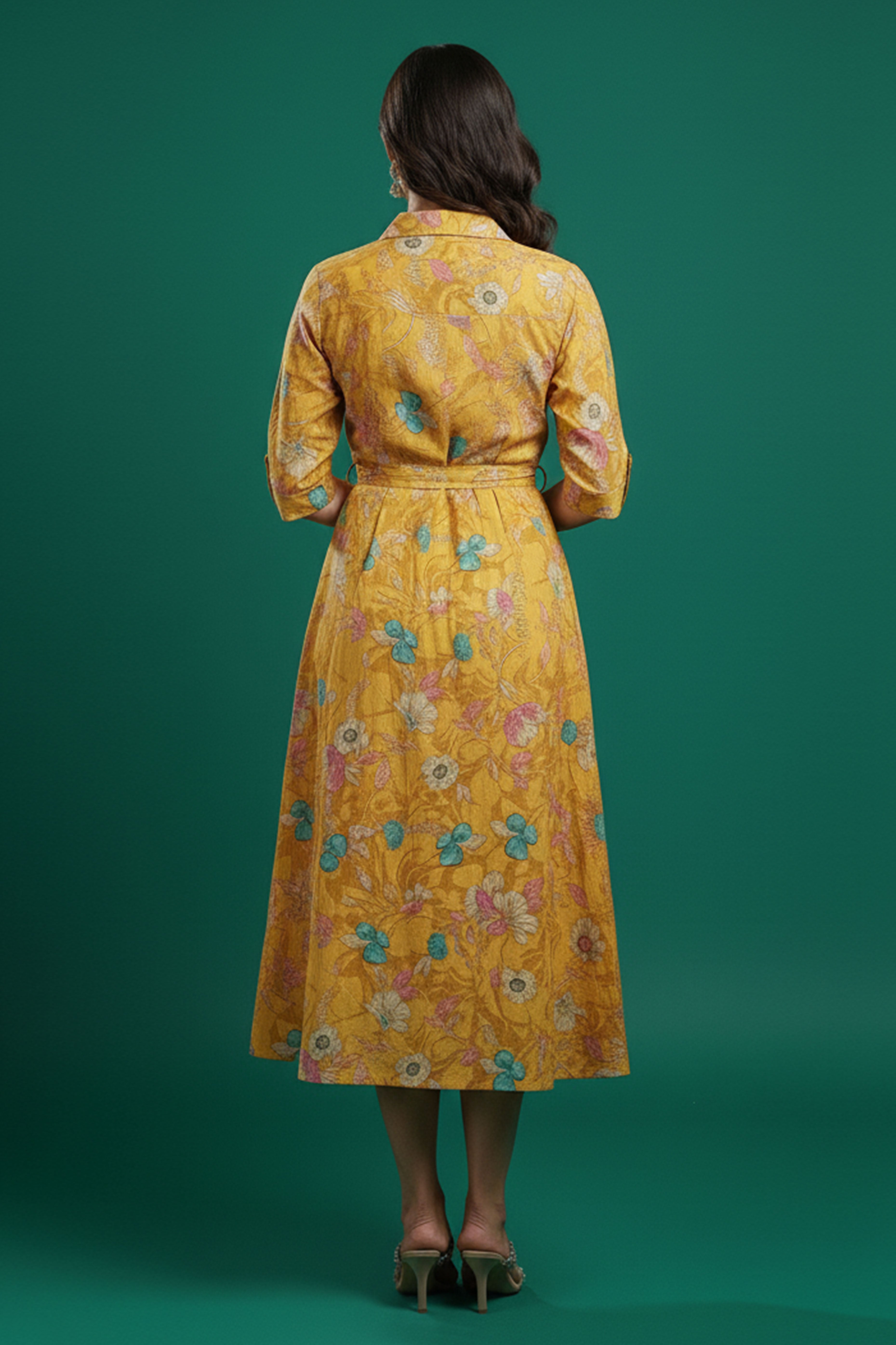 Mustard Floral Printed Rayon Denting Slub A-Line Dress