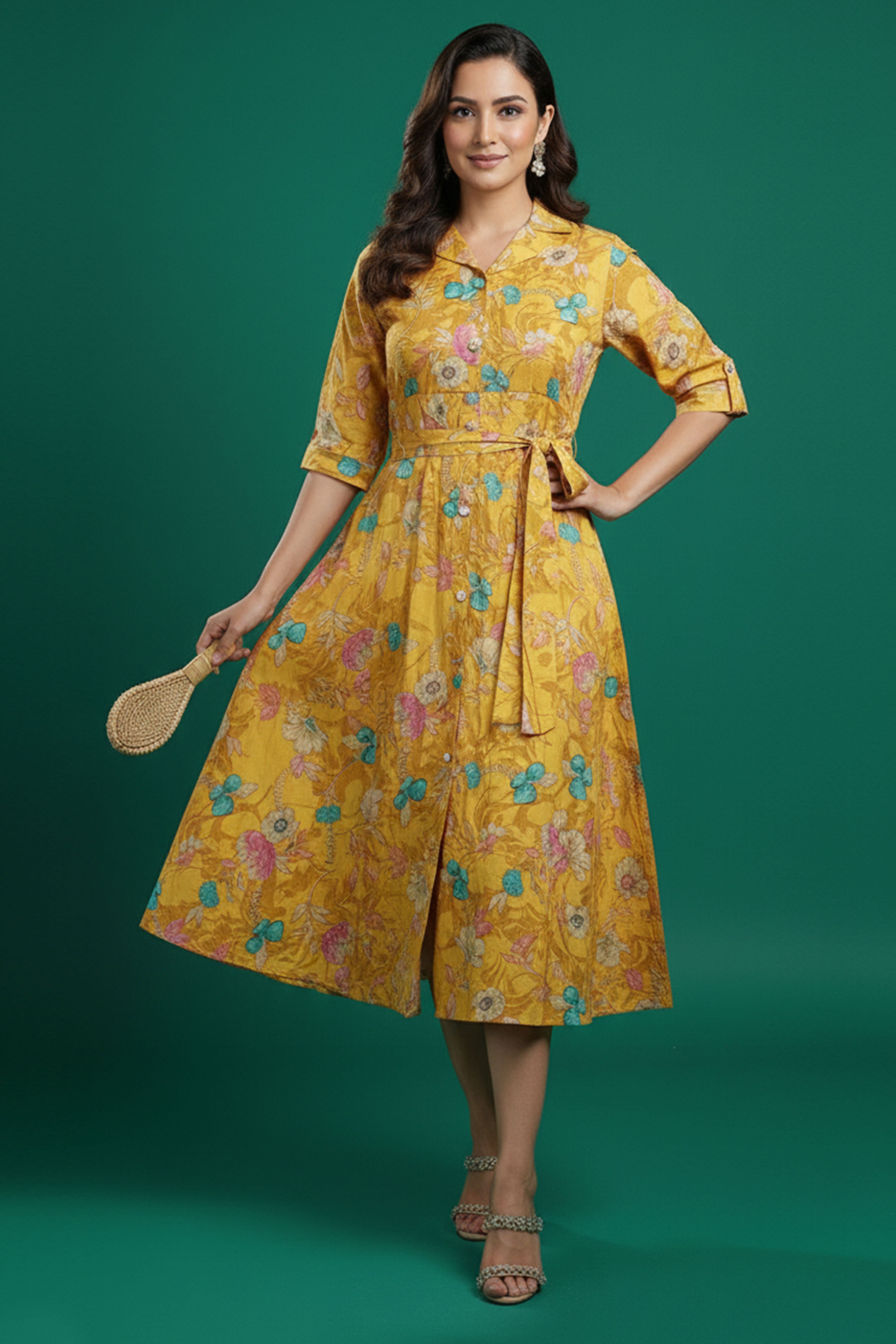 Mustard Floral Printed Rayon Denting Slub A-Line Dress