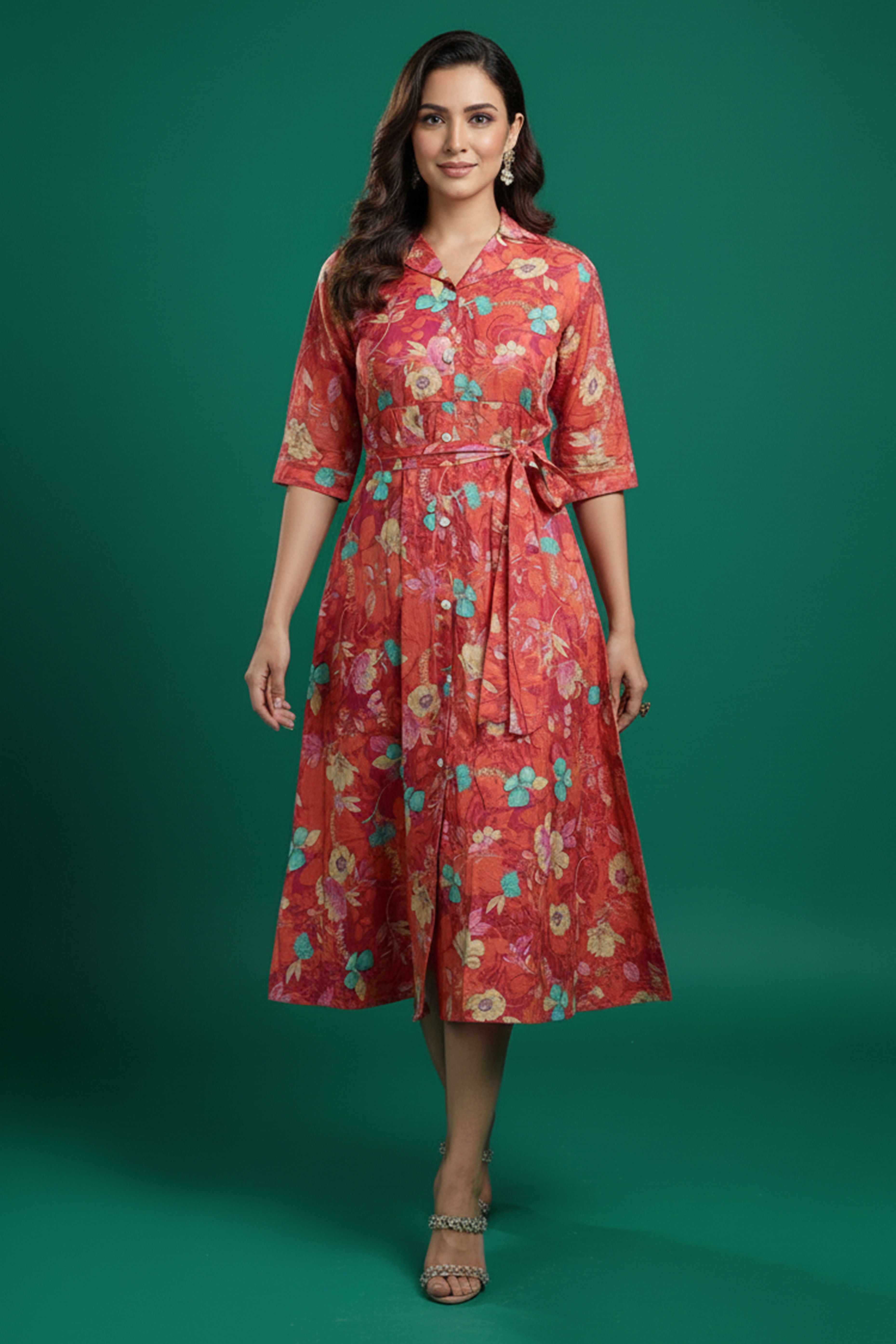 Peach Floral Printed Rayon Denting Slub A-Line Dress