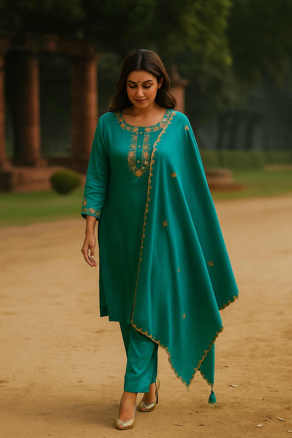 Dark Sea Green Crepe Salwar Suit with Ornate Yoke Embroidery for a Refined Look
