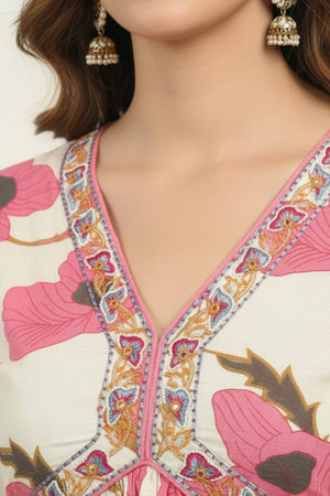 Off-White Cotton Alia Cut Salwar Suit With Floral Accents