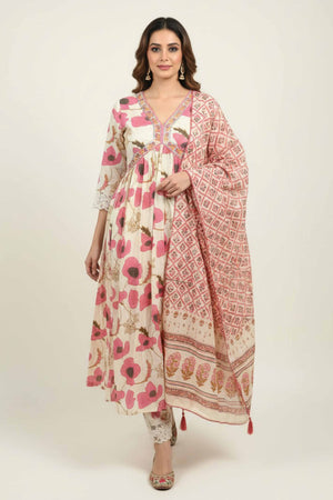 Off-White Cotton Alia Cut Salwar Suit With Floral Accents