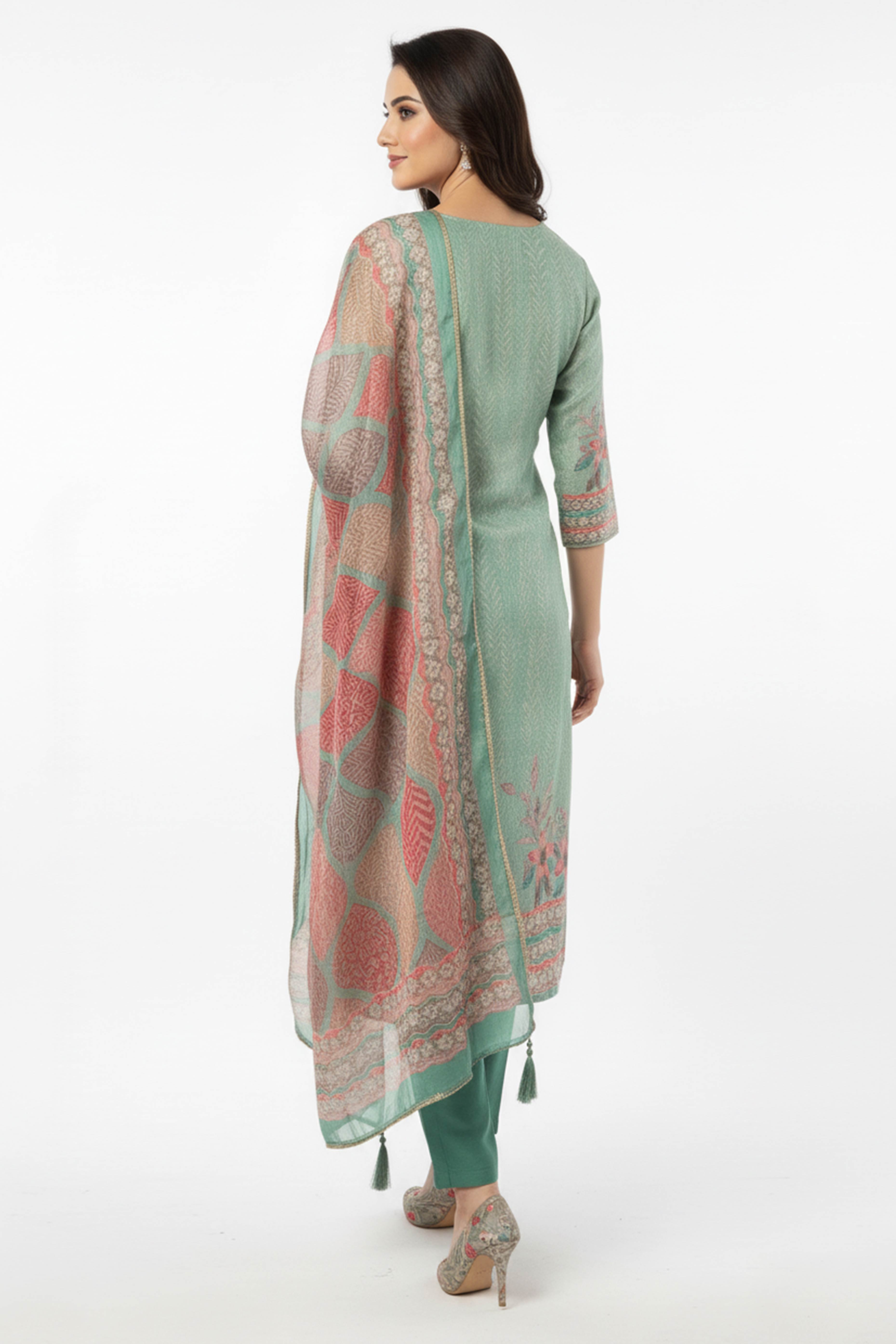 Sea Green Floral Digital Print Straight-Cut Salwar Suit With Intricate Hand Work On Shimmer Chanderi Silk