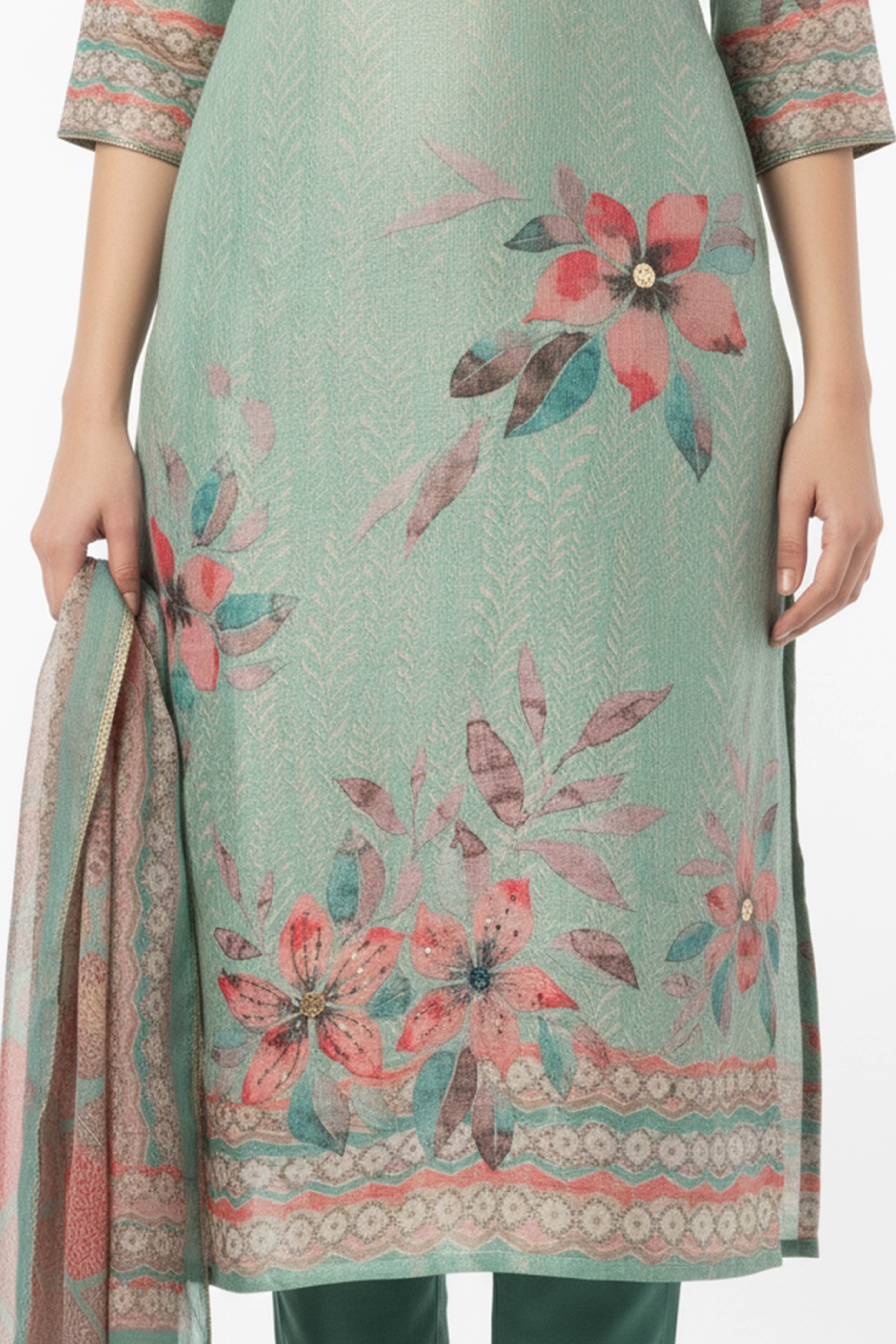 Sea Green Floral Digital Print Straight-Cut Salwar Suit With Intricate Hand Work On Shimmer Chanderi Silk
