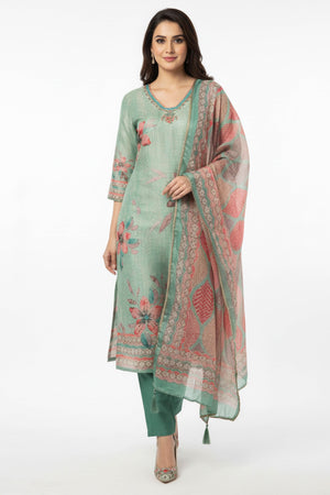 Sea Green Floral Digital Print Straight-Cut Salwar Suit With Intricate Hand Work On Shimmer Chanderi Silk
