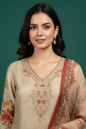 Cream White Pure Viscose Suit with Floral Print & Embroidery Work