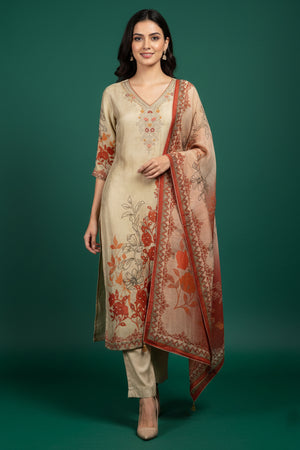 Cream White Pure Viscose Suit with Floral Print & Embroidery Work