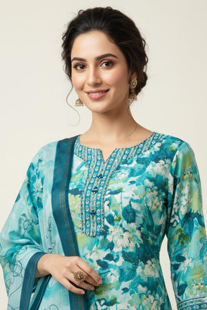 Turquoise Floral Printed Rayon Capsule Straight Salwar Suit
