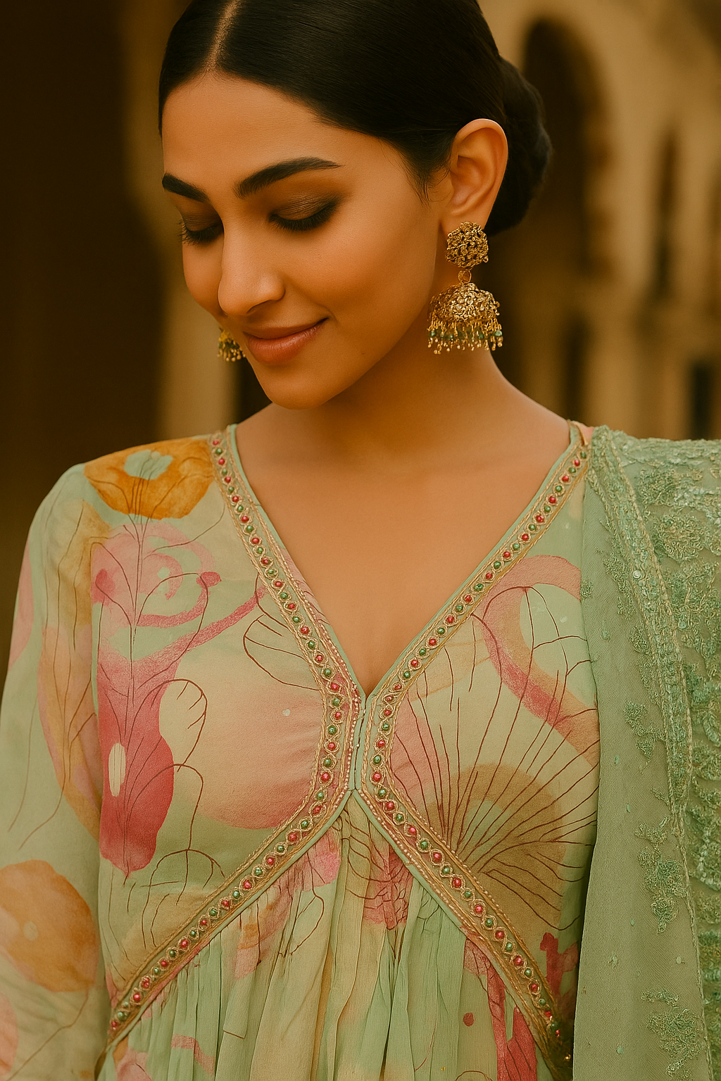 Festive-Ready Light Green Sharara Suit with All-Over Floral Print