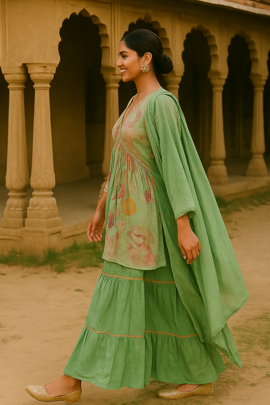 Festive-Ready Light Green Sharara Suit with All-Over Floral Print