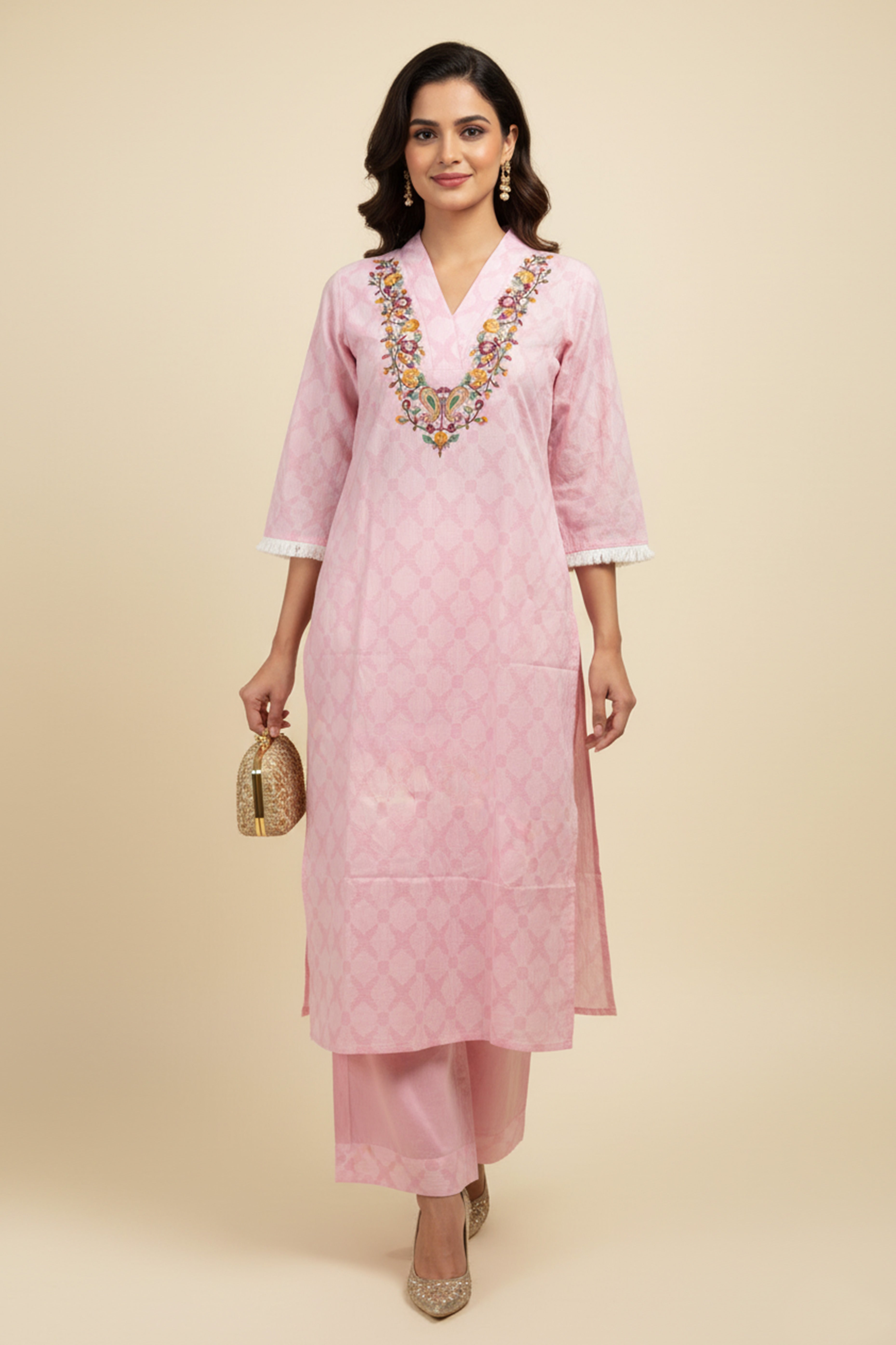 Pink Pure Cotton Two-Piece Set with Embroidered Yoke and Contemporary Print