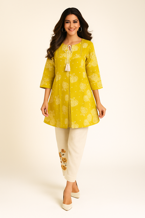 Mustard Pure Cotton Flex Top Bottom Suit Set Featuring Bandhani Design