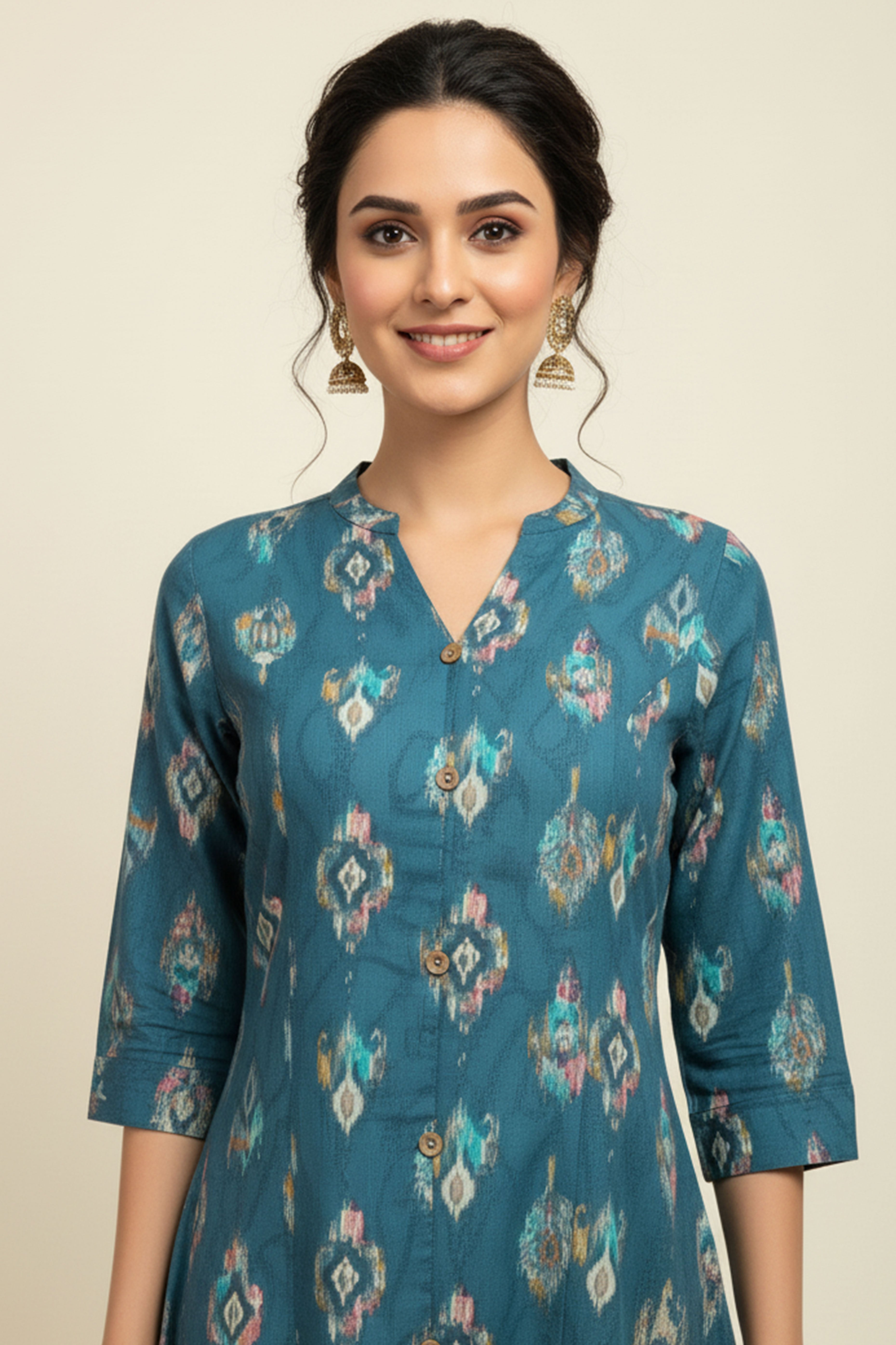 Dark Turquoise Ikkat Printed Pure Cotton A-Line Kurti